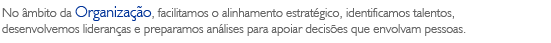 No &acirc;mbito da Organiza&ccedil;&atilde;o, identificamos talentos e preparamos an&aacute;lises para apoiar decis&otilde;es estrat&eacute;gicas que envolvam pessoas.